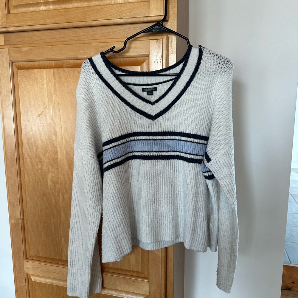 wild fable Cream V-Neck Sweater with Navy & Light Blue Stripes